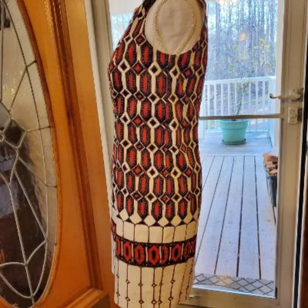 Red, Cream, Brown, Black, design Talbots dress Size 2P - Picture 2 of 9